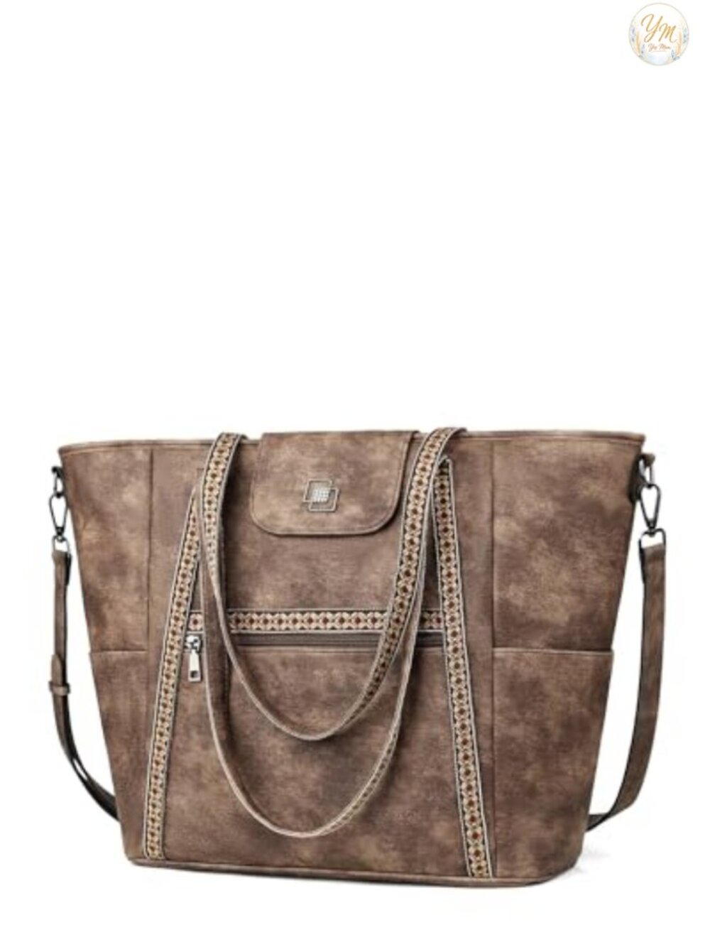 Faux Leather Large Laptop Tote Bag 15.6 inch for Women 10 Pockets Work Travel